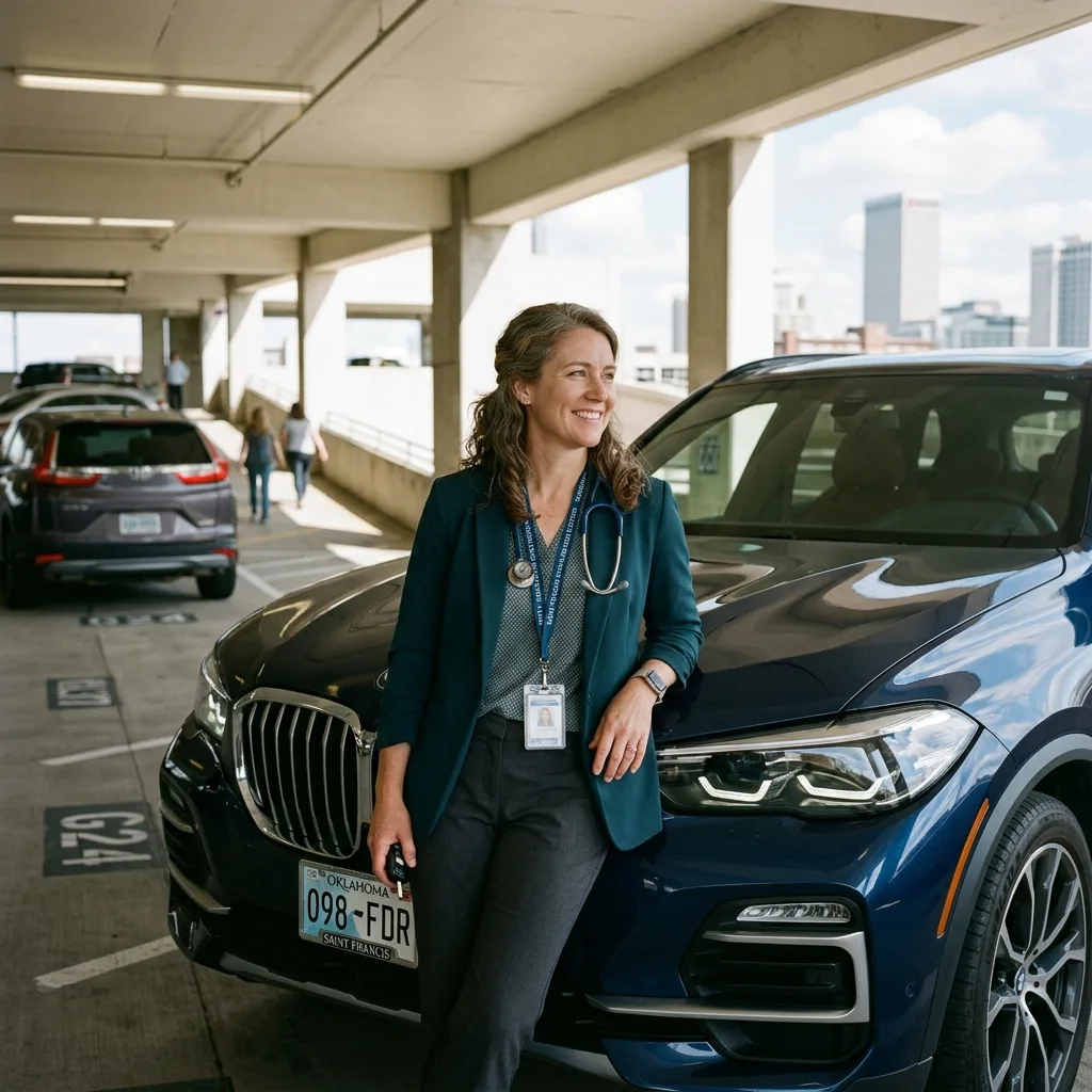 Female physician leaning against BMW X5 in Tulsa Oklahoma hospital parking garage