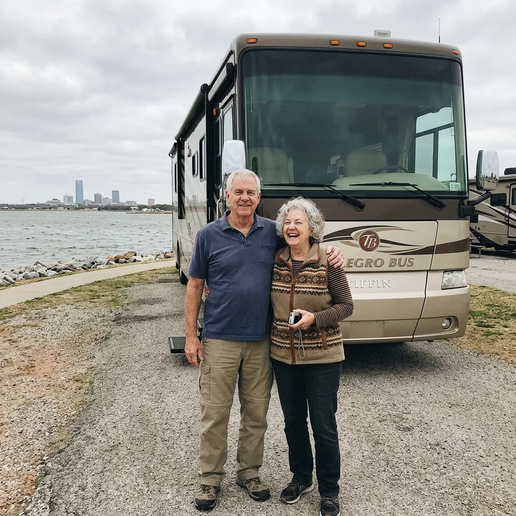 Retired couple with Class A motorhome at Lake Hefner Oklahoma snowbird travel