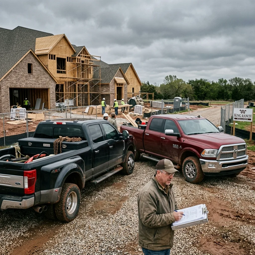 Ford F-350 and Ram 2500 trucks at residential construction site in Edmond Oklahoma