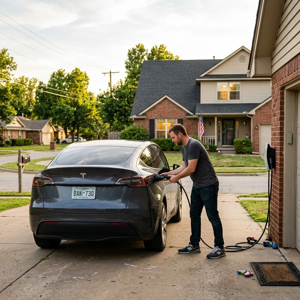 Tesla Model Y owner plugging in EV charger in Broken Arrow Oklahoma suburb