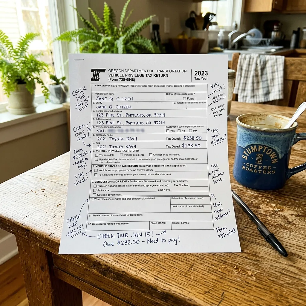 Oregon vehicle privilege tax form and registration documents