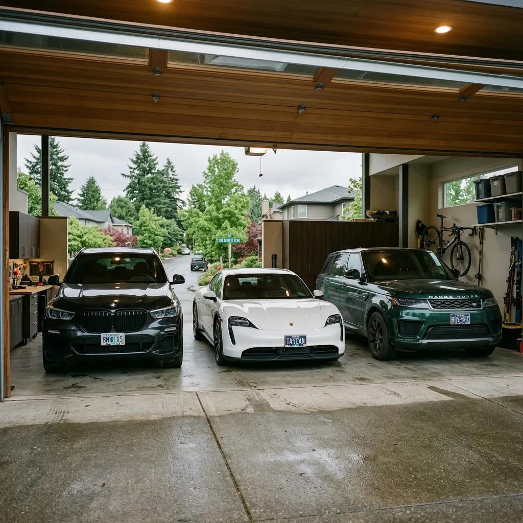 BMW X5 Porsche Taycan and Range Rover Sport parked in Portland West Hills luxury garage