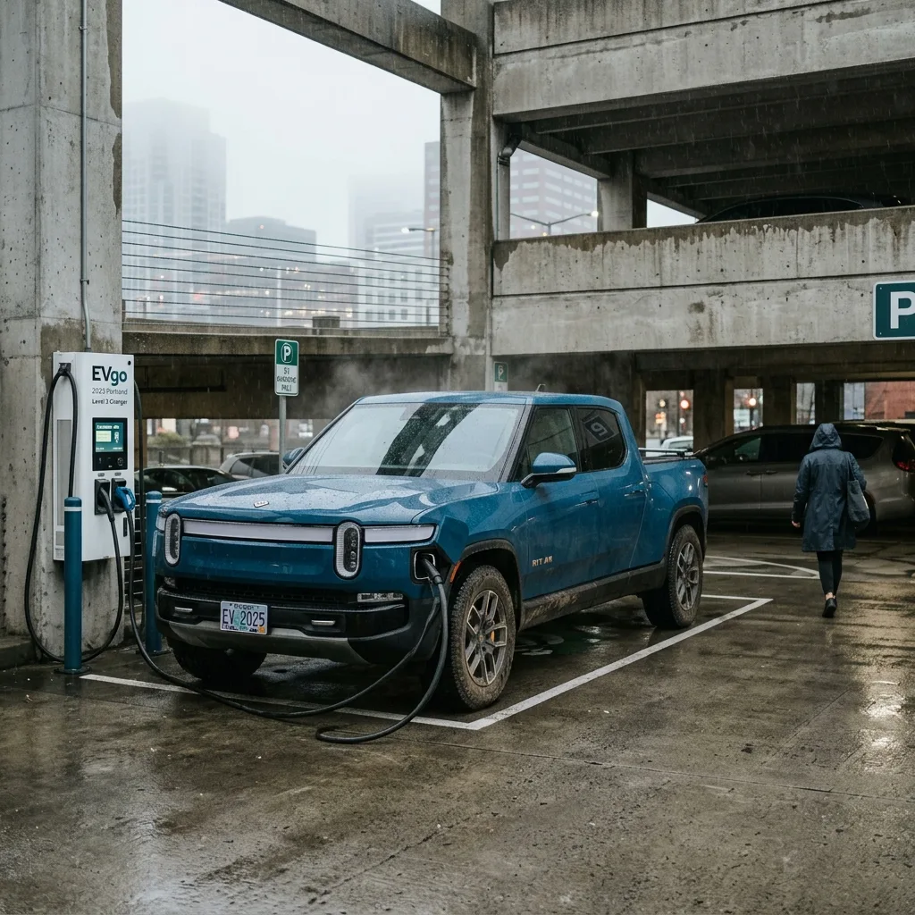 2025 Rivian R1T electric truck at EV charging station in Portland Pearl District parking garage