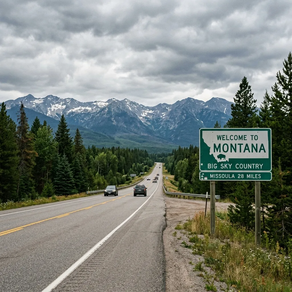 Welcome to Montana road sign on Highway 93 representing Montana LLC vehicle registration savings