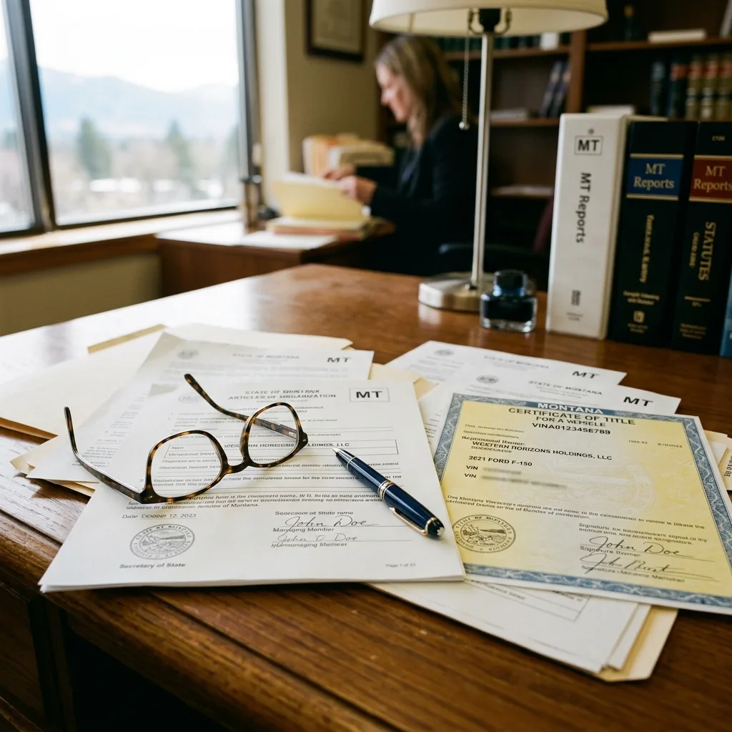 Montana LLC formation documents and vehicle title paperwork for Oregon vehicle owners