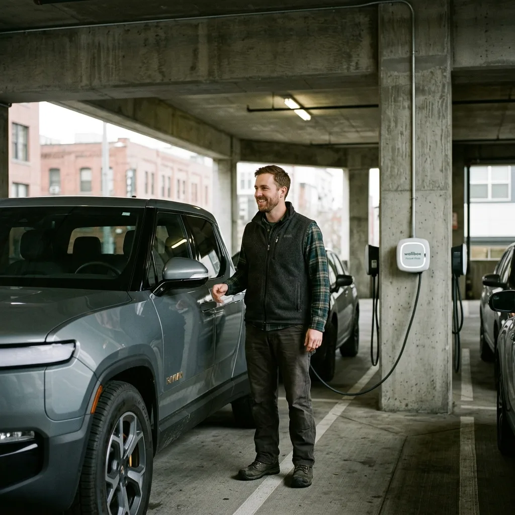 Portland software developer beside 2025 Rivian R1T truck in Pearl District condo parking garage