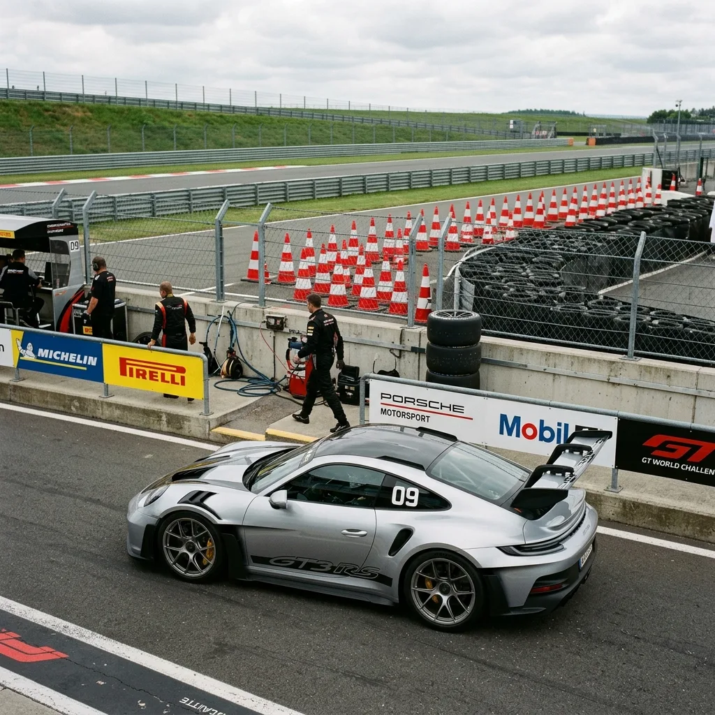 Silver 2024 Porsche 911 GT3 RS at motorsport circuit pit lane for track day racing