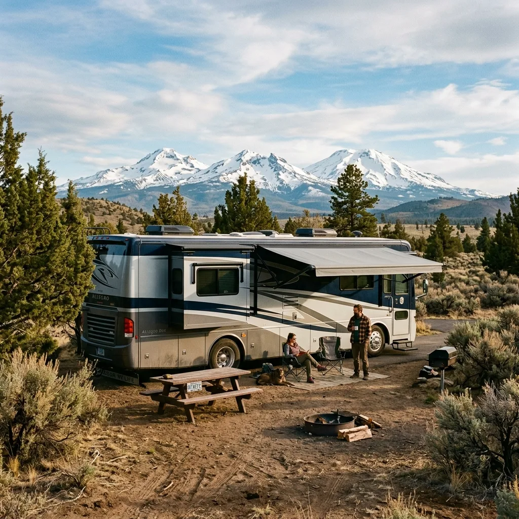 Class A motorhome Tiffin Allegro Bus parked at campsite outside Bend Oregon with Cascade Mountains