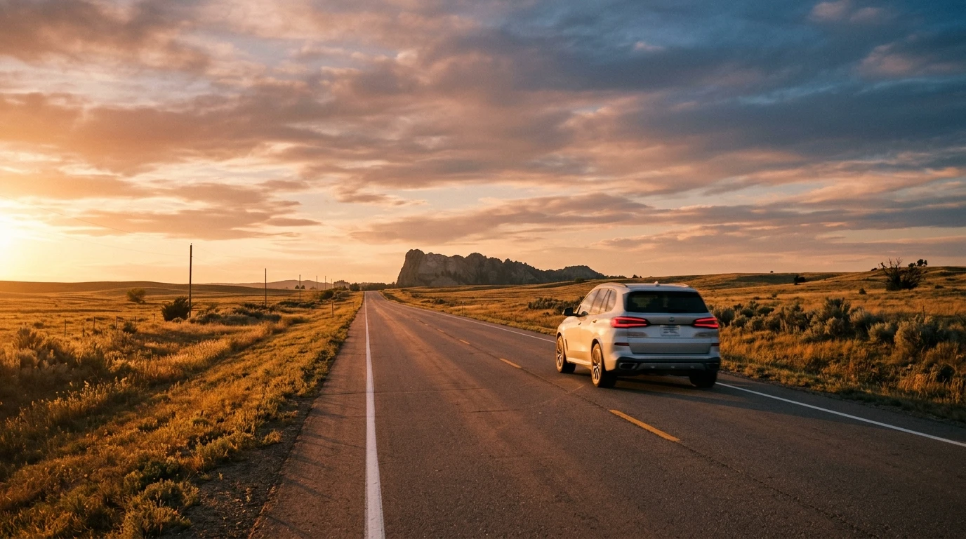 South Dakota vehicle tax — BMW X5 driving toward Mount Rushmore on prairie highway