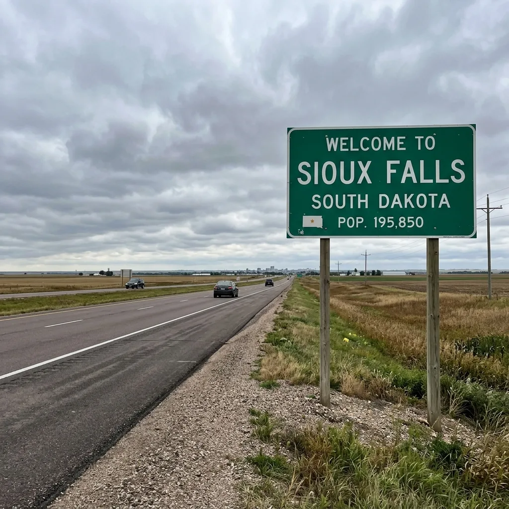 Sioux Falls South Dakota city limit sign showing where municipal vehicle tax rates apply