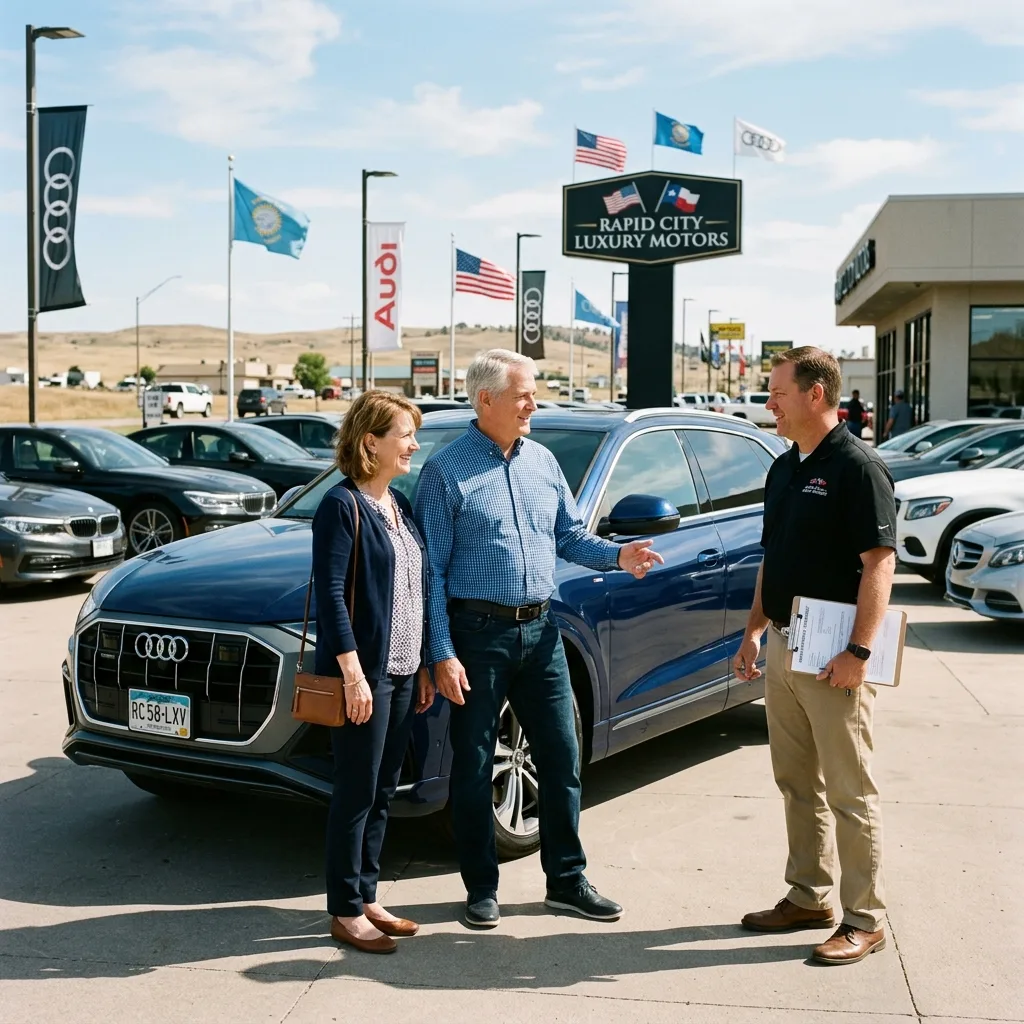Couple purchasing luxury SUV at Rapid City South Dakota car dealership facing high MVET