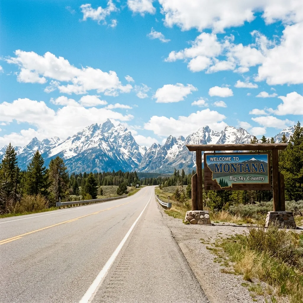 Montana welcome sign on highway with Rocky Mountains — legal Montana LLC vehicle registration