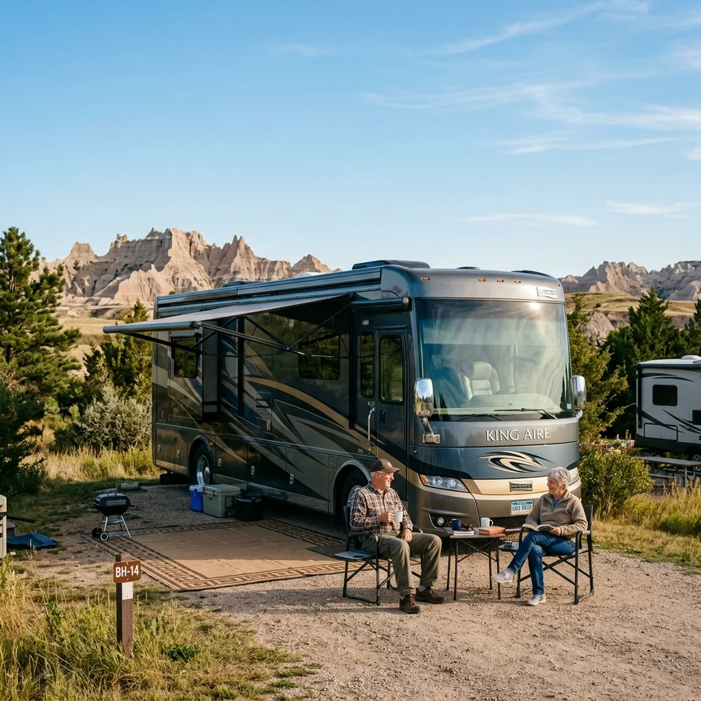 2023 Newmar King Aire Class A motorhome at Black Hills campsite South Dakota