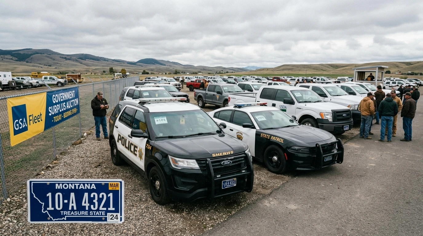 Government surplus vehicle auction lot with ex-police cars and federal trucks, Montana license plate visible, SF-97 titling guide