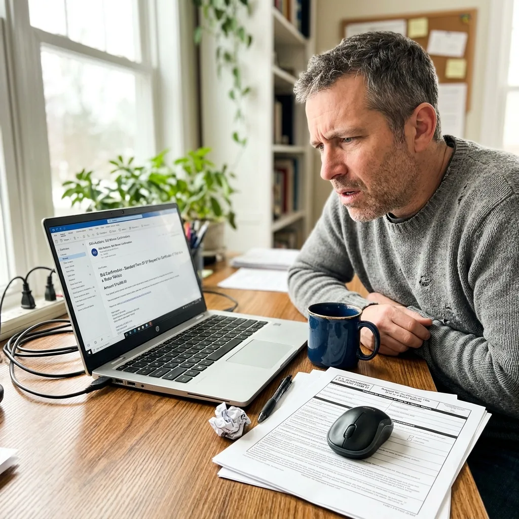 Man at home office desk confused by GSA auction winning bid confirmation and SF-97 form