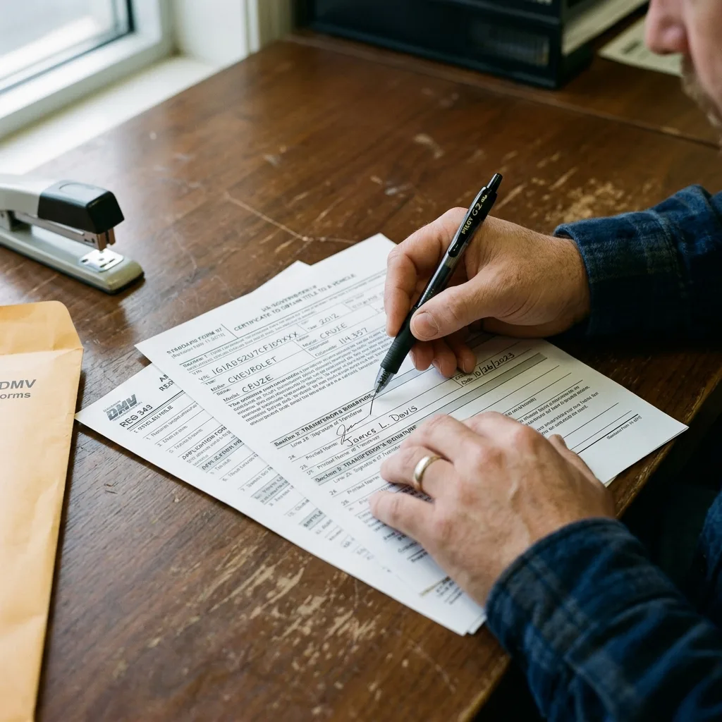 Close-up of US Government Standard Form 97 Certificate to Obtain Title on desk with pen at signature line