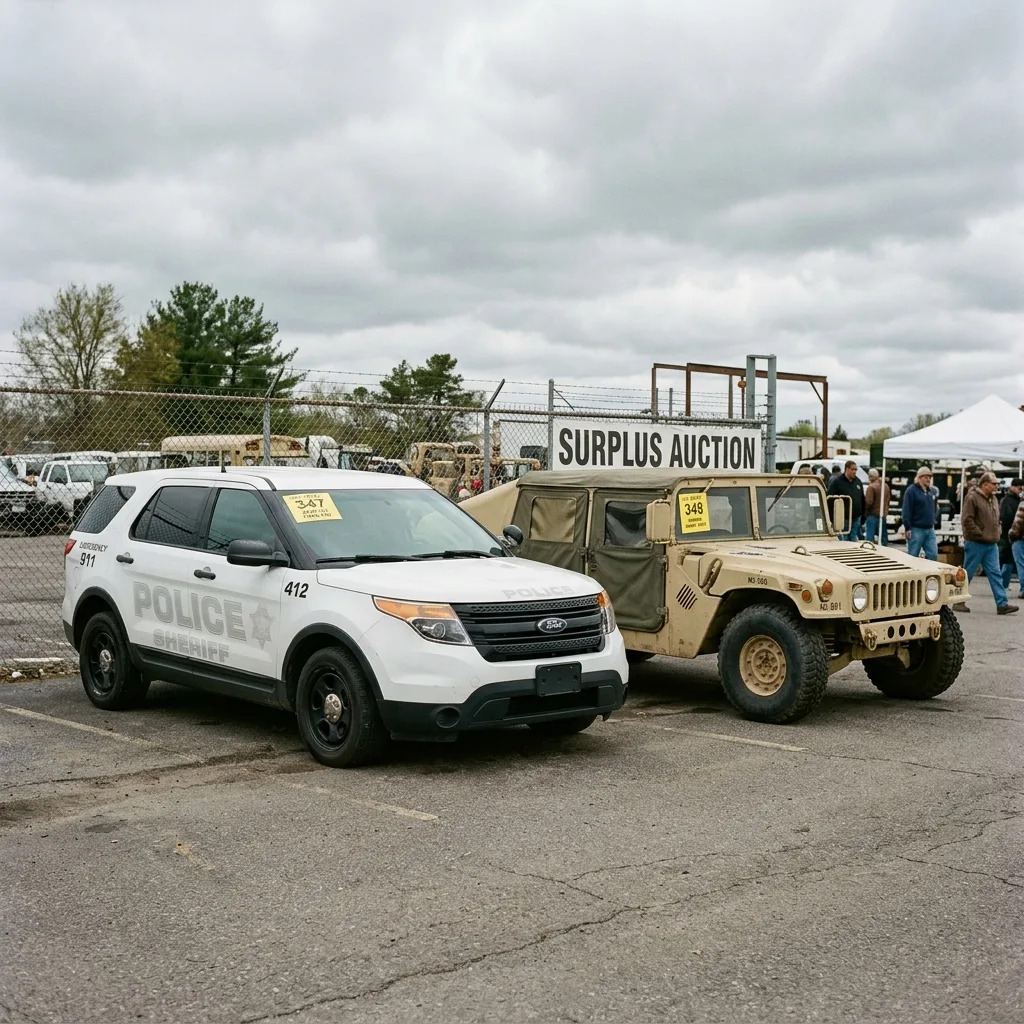 Ex-police Ford Police Interceptor Utility next to military HMMWV M998 at government surplus auction lot