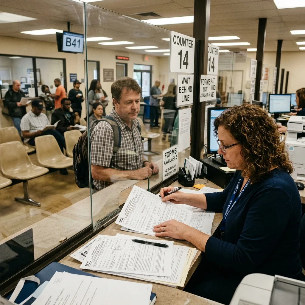 DMV office counter clerk reviewing SF-97 government vehicle title paperwork with customer