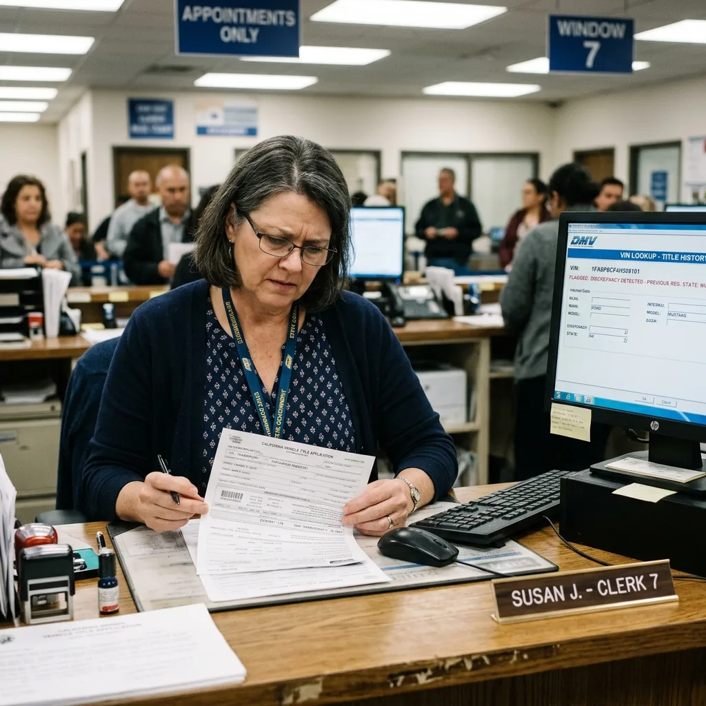 DMV clerk examining vehicle title application form with concerned expression at government office counter