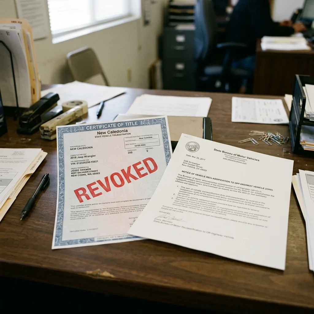 State vehicle title document stamped REVOKED with OHV off-highway vehicle reclassification letter from Colorado DMV