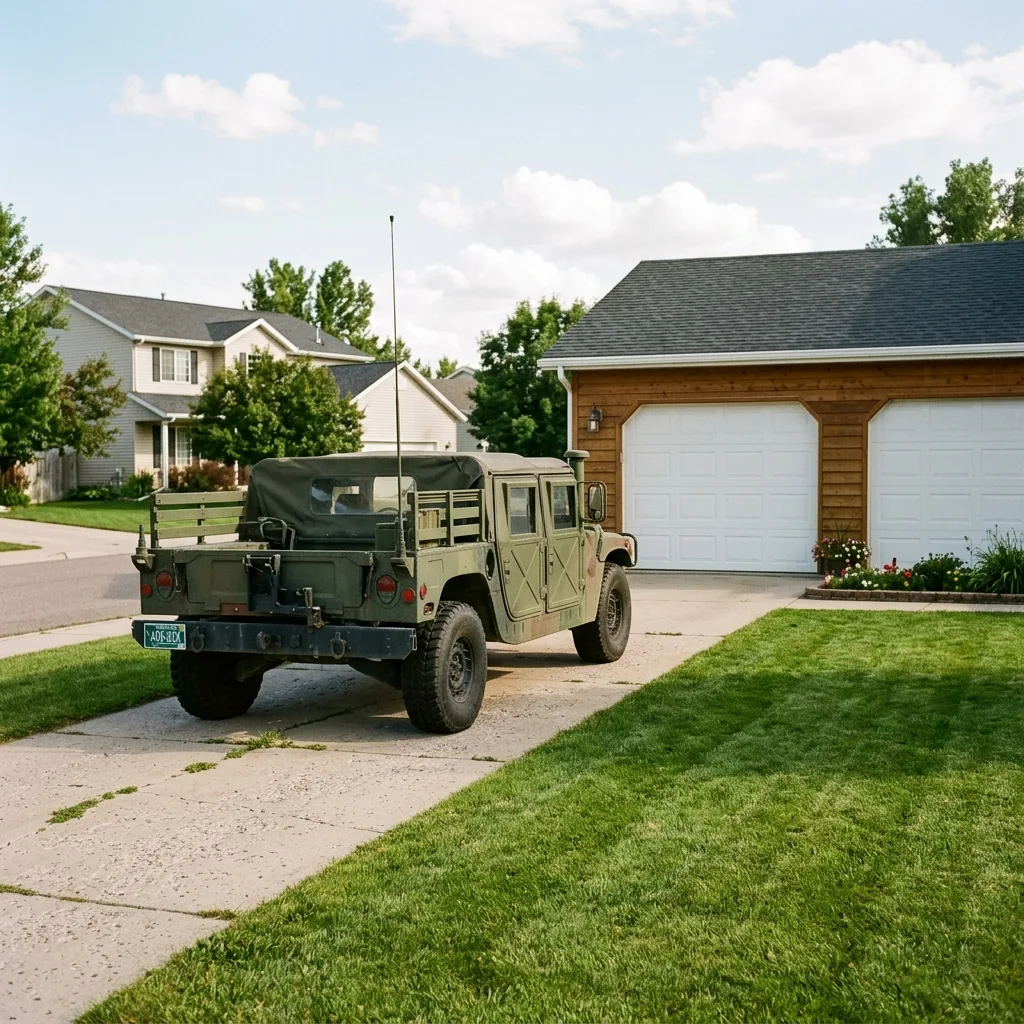 Military HMMWV M998 with Montana license plate parked in suburban driveway, Montana LLC SF-97 titling solution