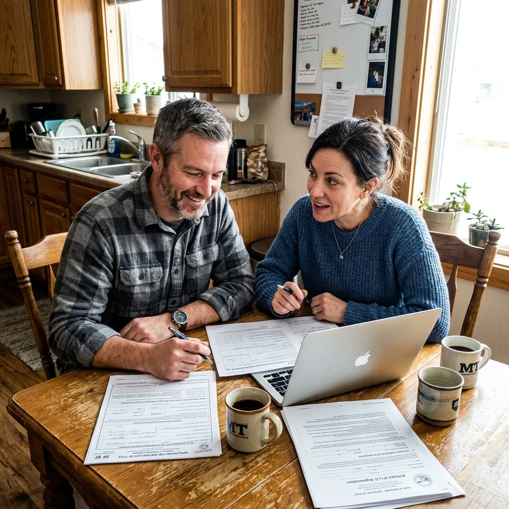 Couple at kitchen table with laptop and SF-97 form completing Montana LLC registration paperwork for surplus vehicle