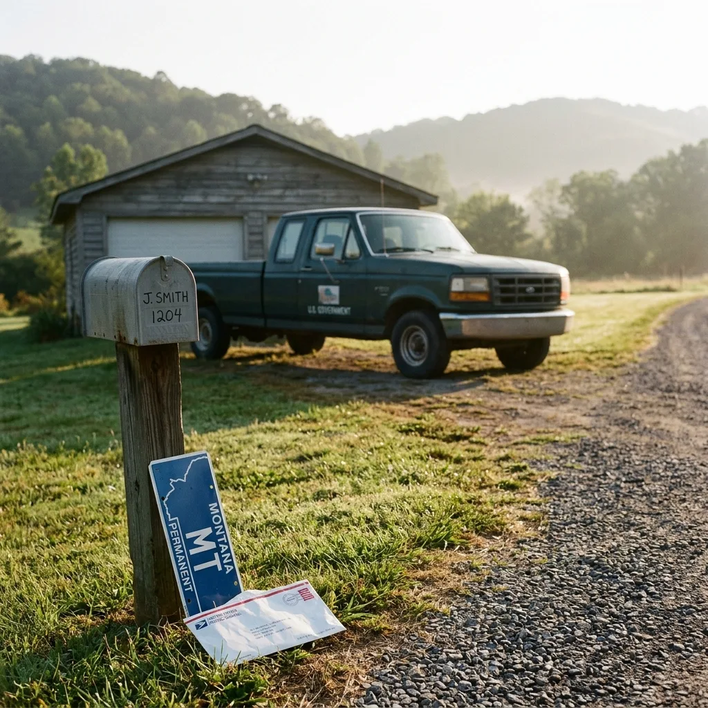 Montana permanent license plate leaning against rural mailbox with decommissioned federal truck visible in background