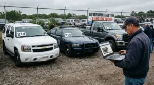 Row of government surplus vehicles at auction lot with Chevy Tahoe PPV Charger Pursuit and F-250 with bidder holding laptop