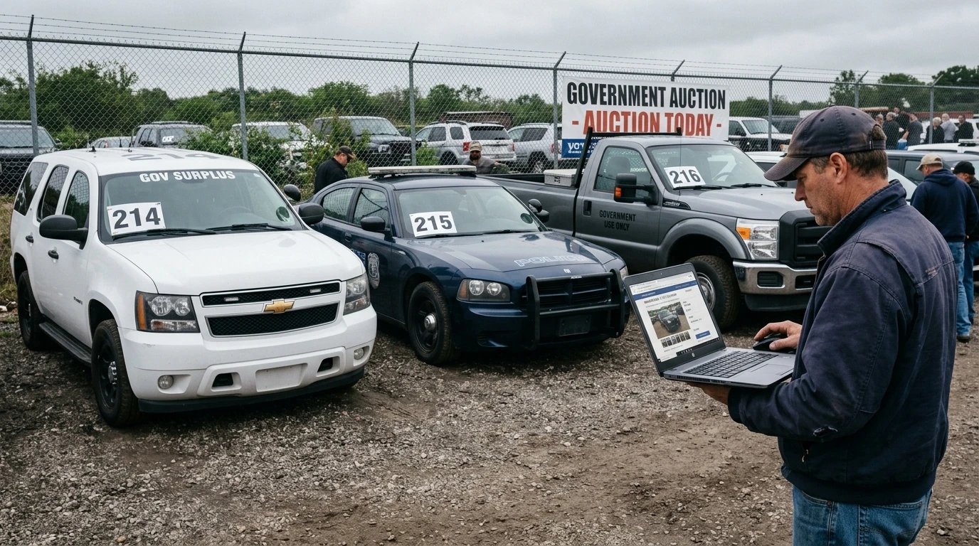 Row of government surplus vehicles at auction lot with Chevy Tahoe PPV Charger Pursuit and F-250 with bidder holding laptop