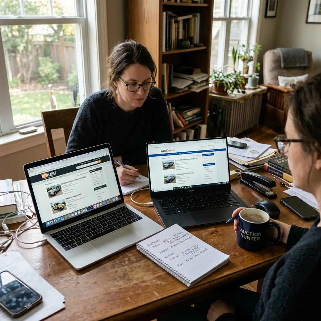 Person comparing government surplus vehicle auction websites on two screens with price calculation notes