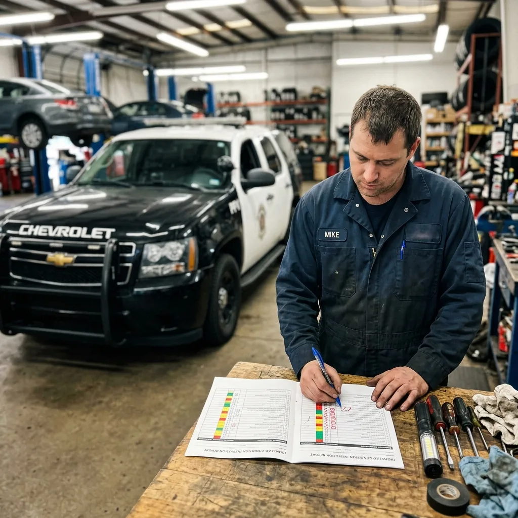 Mechanic reviewing GovPlanet IronClad condition inspection report beside Chevy Tahoe PPV in auto shop