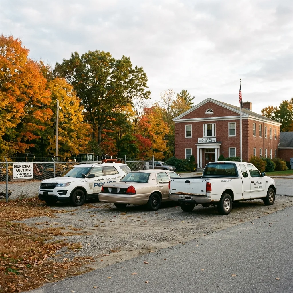 Northeast town municipal surplus yard with retired fleet vehicles waiting for Municibid government auction
