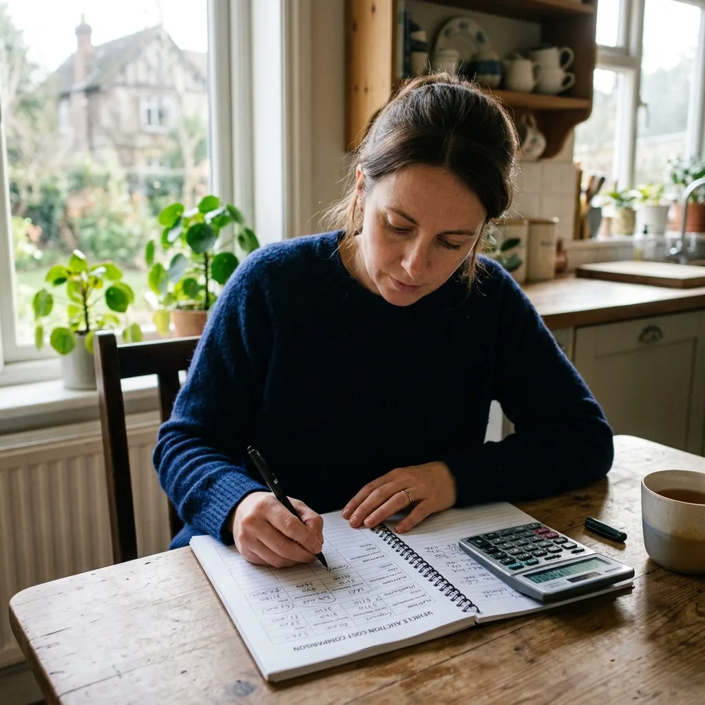 Person with handwritten worksheet comparing buyer premiums and total costs across government auction platforms