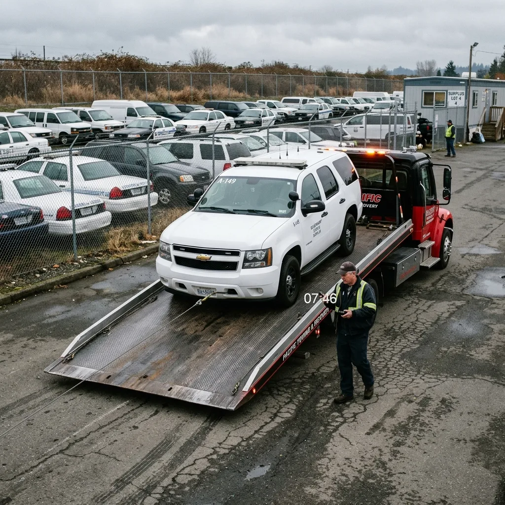 Flatbed tow truck loading Chevy Tahoe PPV from government surplus lot under GovPlanet removal deadline