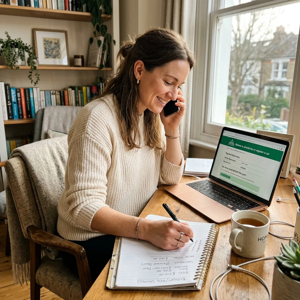 Person at home desk on phone reviewing Montana LLC vehicle registration savings quote with notes