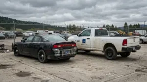 Government surplus vehicles at GSA fleet auction lot — ex-police Charger Pursuit and Ram 2500 with Montana plates
