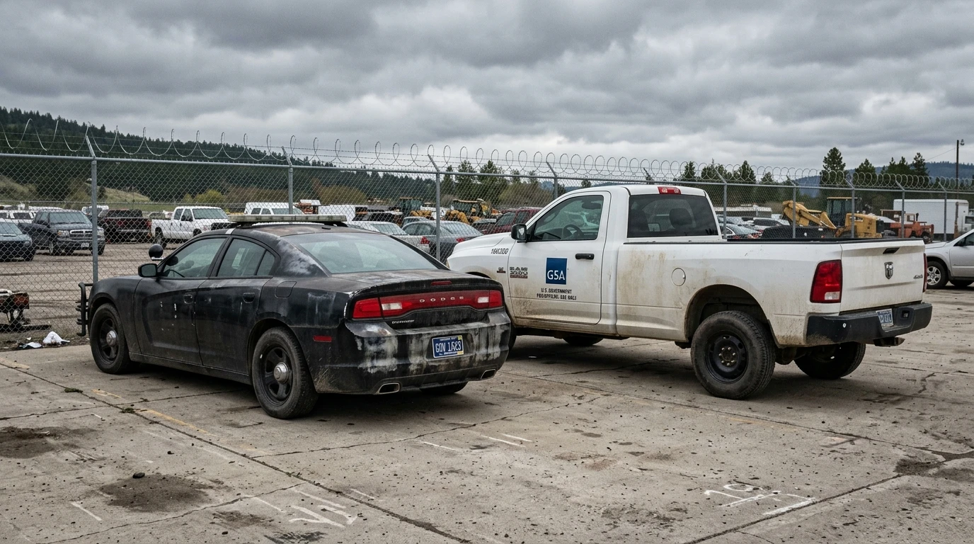 Government surplus vehicles at GSA fleet auction lot — ex-police Charger Pursuit and Ram 2500 with Montana plates