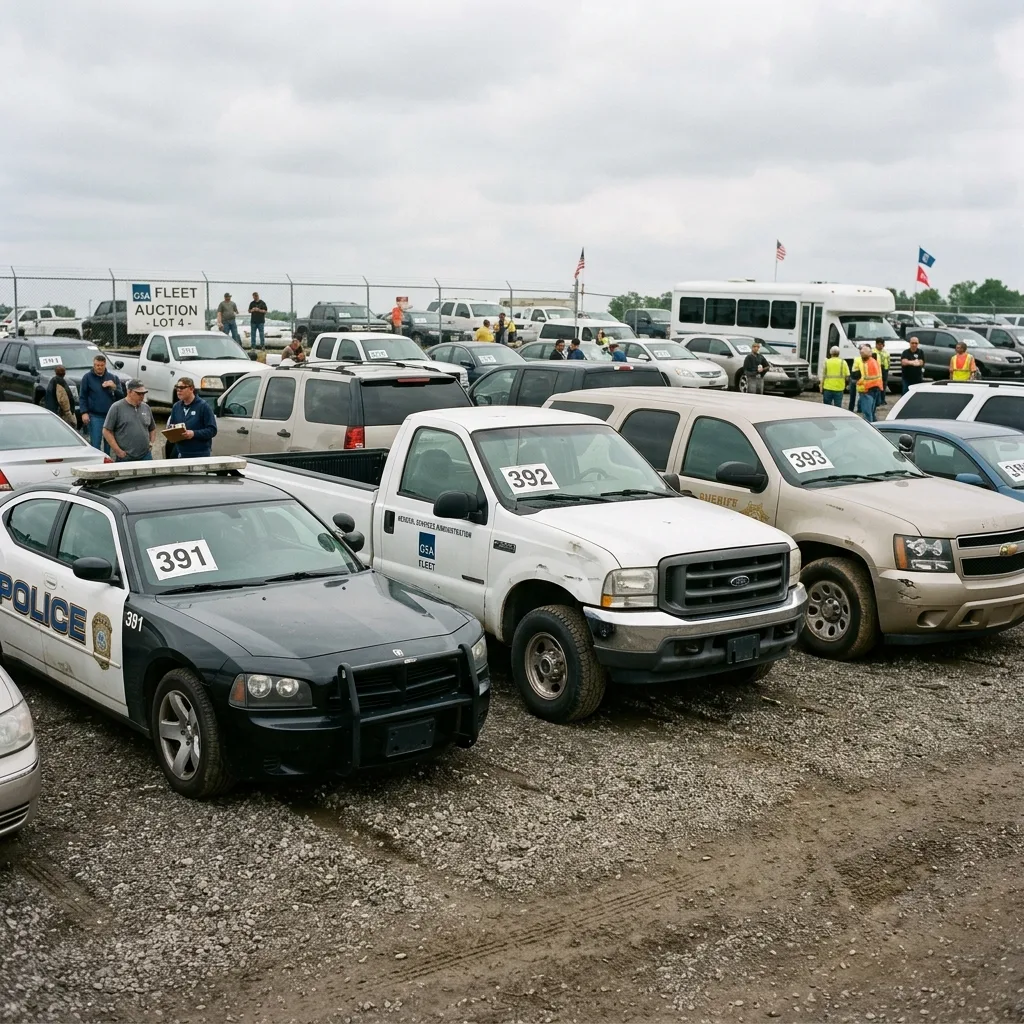 Row of government surplus vehicles at outdoor GSA auction lot with police Charger Pursuit and Fleet Tahoe PPV