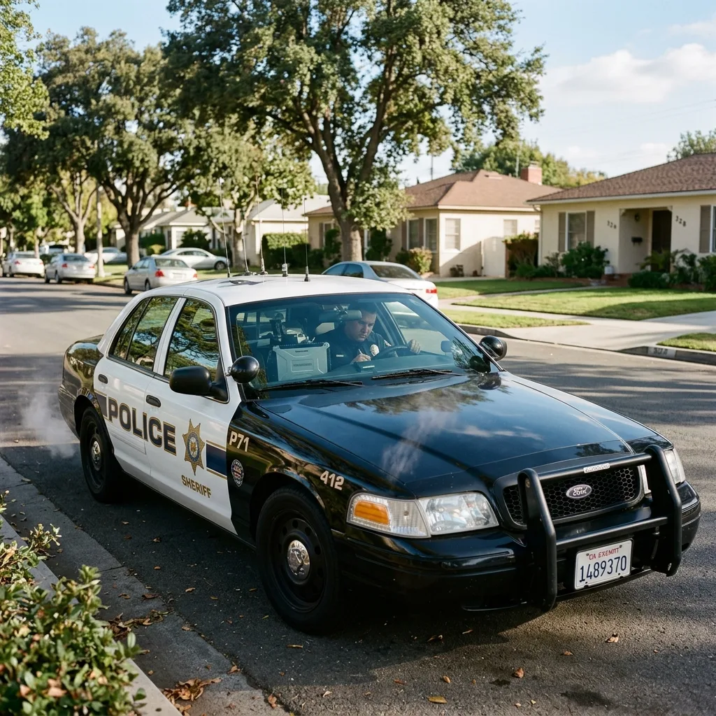 Ford Crown Victoria police interceptor P71 idling at roadside with officer writing report on in-car laptop