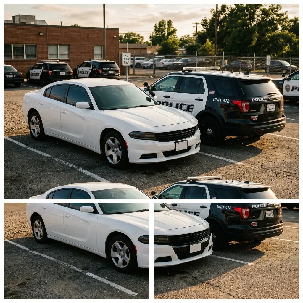 Unmarked detective Dodge Charger parked beside marked patrol cruiser in police department lot showing different wear profiles