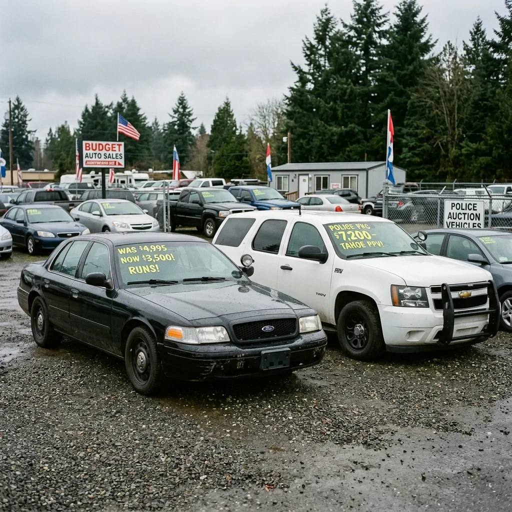 Former police vehicles at used car lot including Ford Crown Victoria P71 and Chevy Tahoe PPV with equipment brackets visible