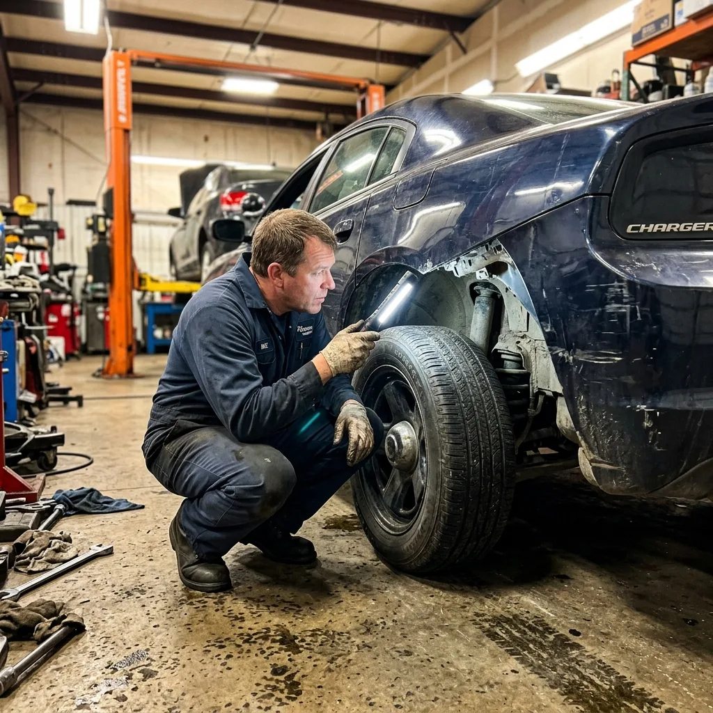 Mechanic crouching behind used Dodge Charger Pursuit examining rear quarter panel with flashlight checking for PIT maneuver frame damage