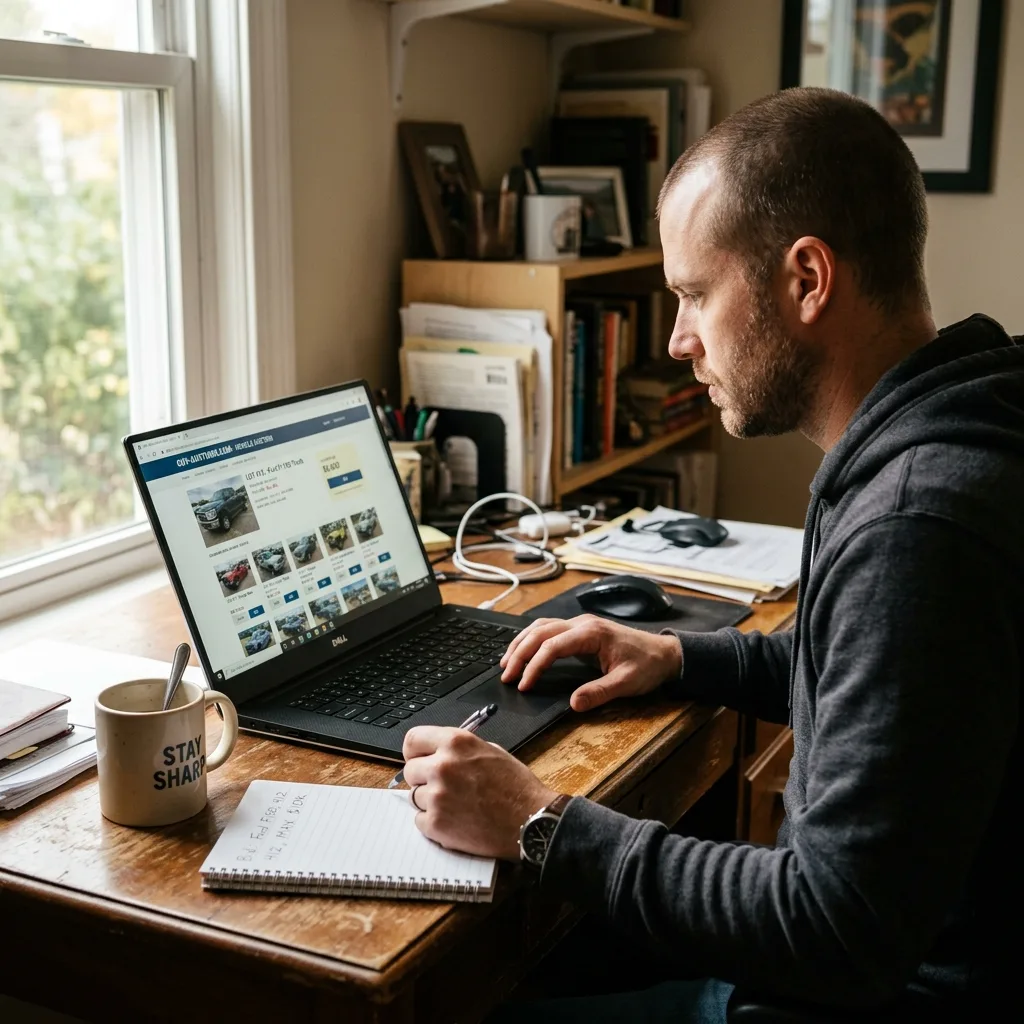 Person at home desk bidding on government surplus vehicle auction website with multiple vehicle listings visible on laptop
