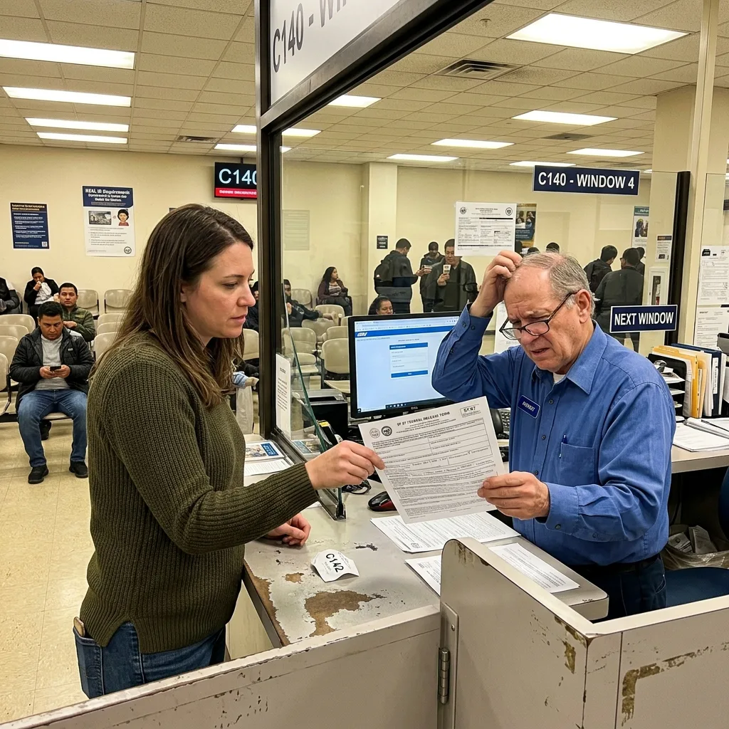 Person at DMV counter holding SF-97 government vehicle release form while clerk examines unfamiliar federal paperwork