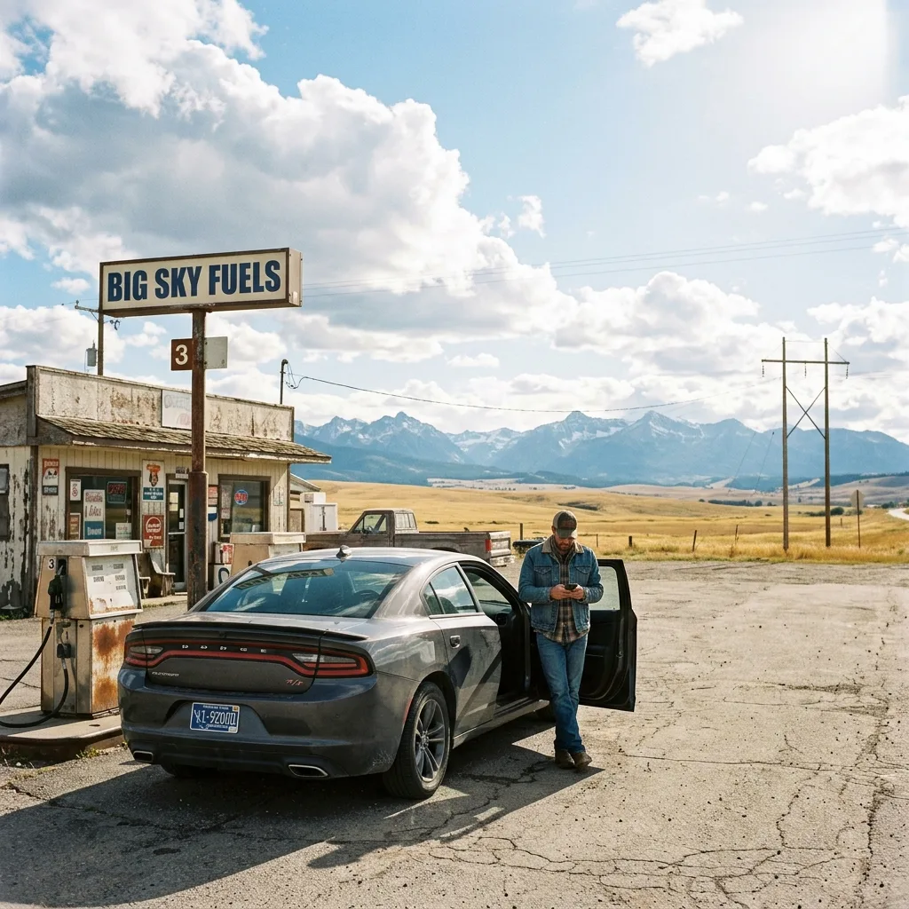 Dodge Charger with Montana license plate at rural gas station with Montana mountains in background after SF-97 title through Montana LLC