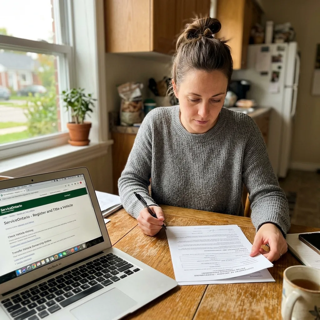 Person at kitchen table reviewing government surplus vehicle purchase paperwork and SF-97 documents