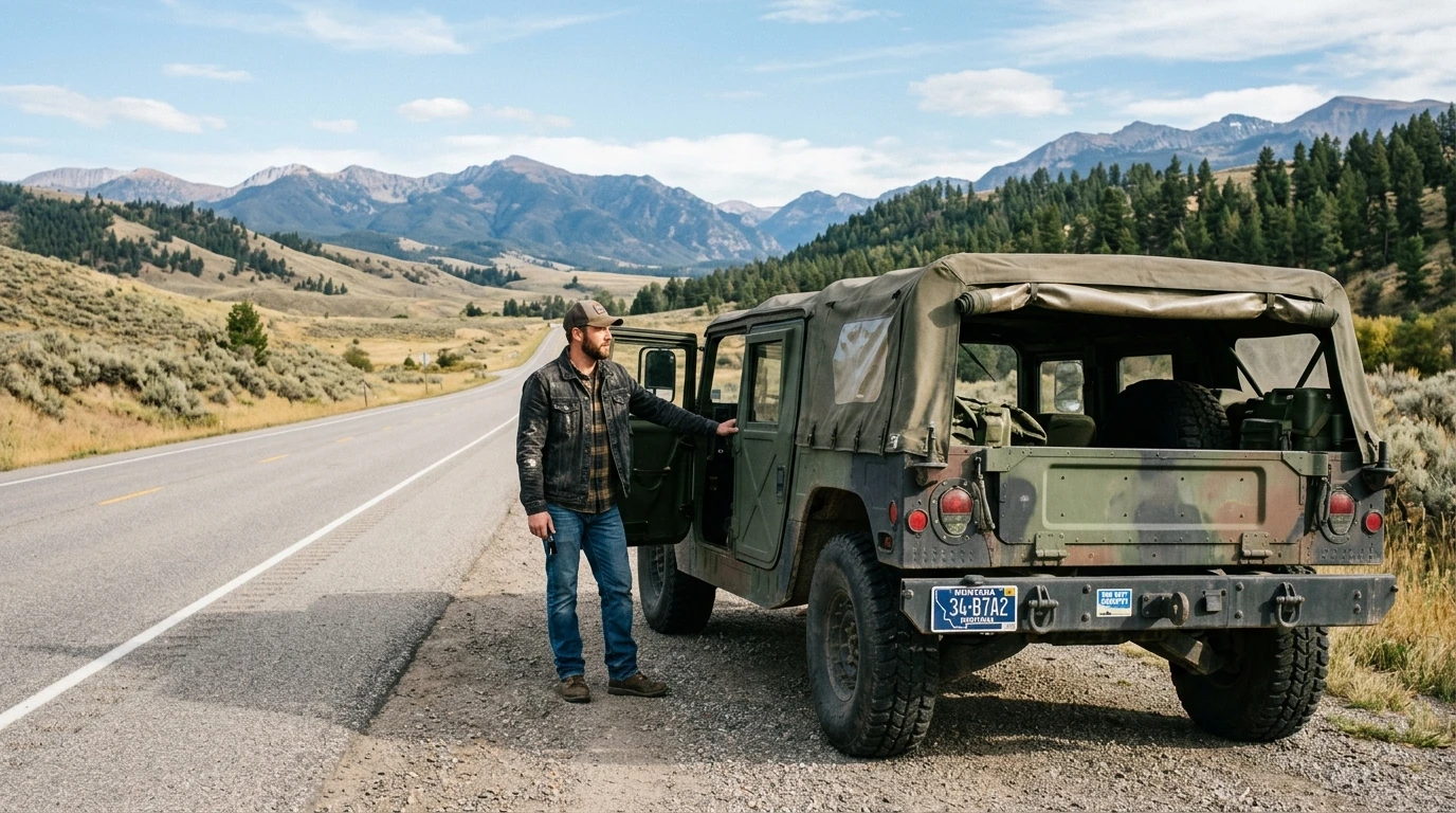 Surplus military HMMWV M1097 with Montana license plates on rural highway, HMMWV titling via Montana LLC complete guide