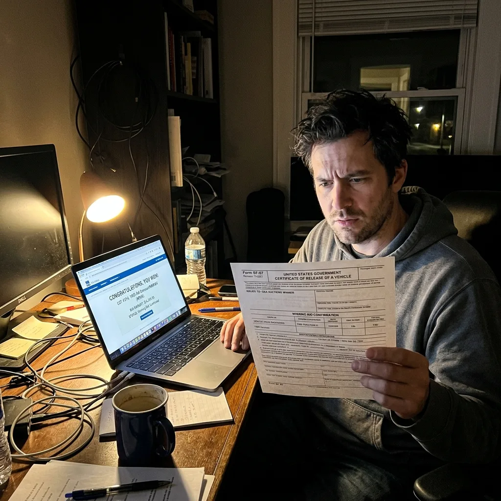 Man at home desk late at night confused by GovPlanet auction confirmation and SF-97 form for HMMWV title