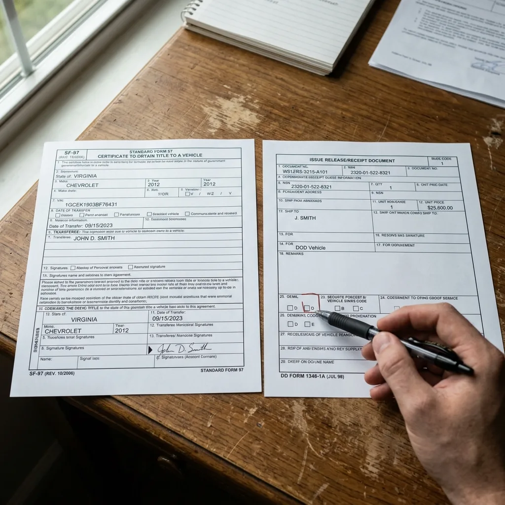SF-97 Standard Form 97 and DD Form 1348-1A military vehicle title documents side by side on desk