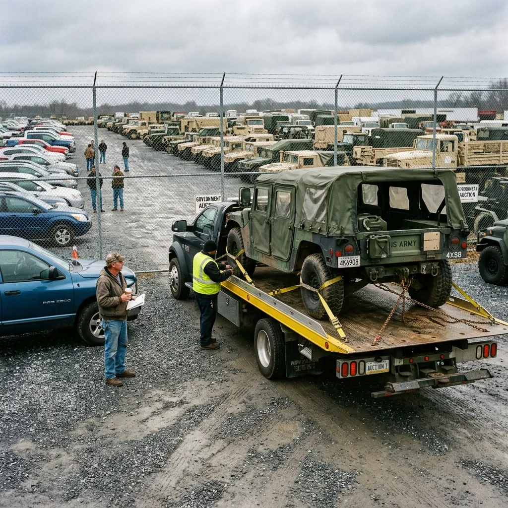 Military HMMWV M998 on flatbed tow truck leaving government surplus auction lot, GovPlanet EUC clearance process